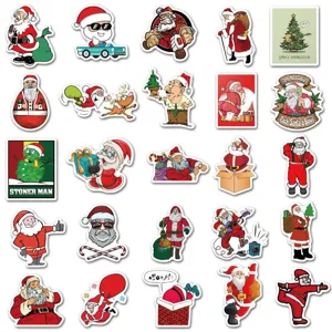 Detailed view of waterproof funny Santa Claus vinyl stickers set for water bottle decoration pack.