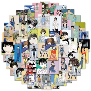 Detailed close-up of fifty aesthetic retro anime girl stickers with waterproof designs for laptops.