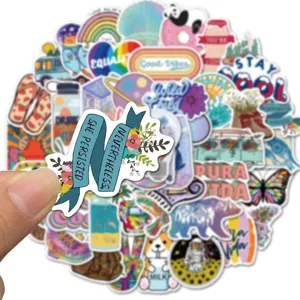 Waterproof aesthetic graffiti stickers detail close-up for laptop luggage and water bottle.
