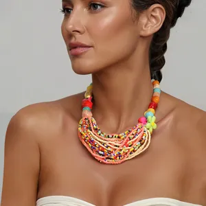 Bohemian Multi-layer Bead Necklace Ethnic Style Colorful Resin Flower Pendant Necklace For Women Vacation Party Jewelry