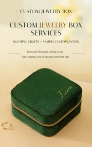 High-quality luxury green velvet jewelry box with gold zipper and customizable name detail.