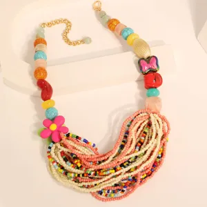 Close-up detail of Bohemian style colorful multi-strand beaded necklace jewelry