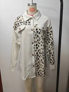 Detailed view of women's leopard print color-block shirt jacket on a clothing mannequin