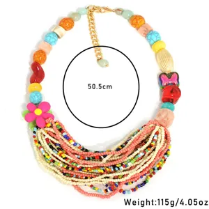 Detail of colorful Bohemian multi-layer beaded necklace with flower charm, 50.5cm length