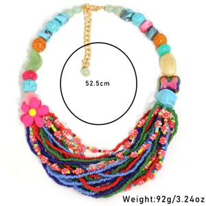 Bohemian multi-layer colorful beaded necklace with pink flower and butterfly details