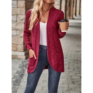 Women's casual long sleeve open front ribbed knit cardigan sweater with pockets