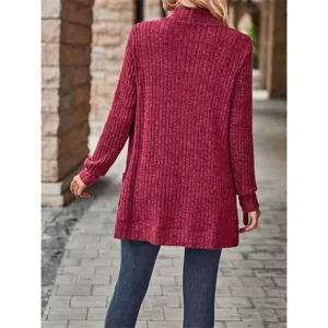 Back view of a women's casual wine red ribbed knit long sleeve cardigan jacket.