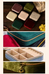 Detailed views of luxury velvet jewelry boxes showing compartments and zippers