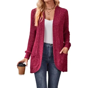 Women's casual burgundy ribbed knit long sleeve open front cardigan with pockets