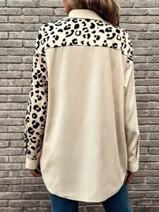 Detailed back view of a beige corduroy jacket with leopard print shoulder and sleeve