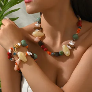 Colorful resin beaded necklace and bracelet set displayed on a female model close up view