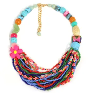Bohemian multi-layer colorful beaded necklace with pink flower pendant for beach party