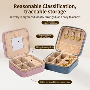 Portable velvet jewelry organizer box with mirror and compartments for rings and necklaces