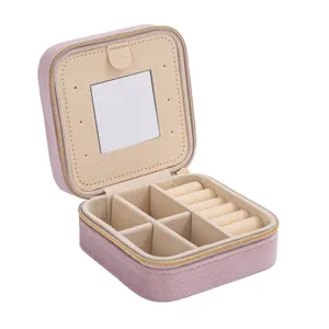 Portable pink velvet jewelry box organizer with interior mirror for rings and necklaces storage