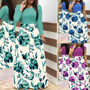 Farbvarianten des eleganten Damen-Maxikleids mit buntem Blumenmuster und Patchwork