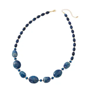 Handmade blue marbled resin beaded necklace with gold-tone lobster clasp and extension chain