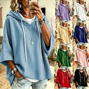 Damen Kurzarm Kapuzenpullover mit Kordelzug in verschiedenen Farben