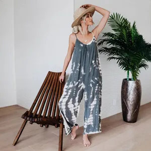 Stylish women's tie-dye sleeveless wide-leg jumpsuit for a chic summer vacation look