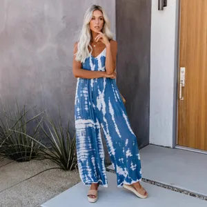 Stylish women's summer tie-dye wide-leg jumpsuit with sexy spaghetti straps and blue white pattern