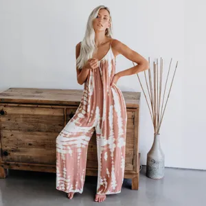 Sexy spaghetti strap wide-leg jumpsuit with brown tie-dye print for women