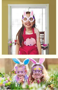 Kinder tragen lustige Osterhase und Ei dekorative Brille bei feierlichen Party Szenen.