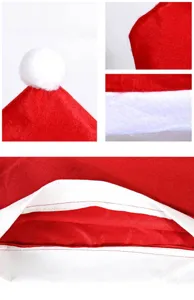 Vista dettagliata della fodera per sedia di Natale rossa con pon-pon bianco e cuciture.