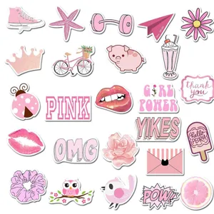 Detailed view of pink aesthetic waterproof graffiti stickers for laptop and water bottle.