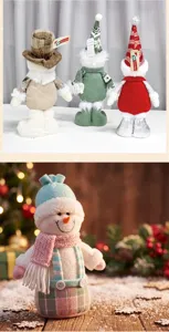 Detailed shot of Christmas plush snowman doll with festive winter outfit and cozy holiday decor.