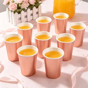 Vasos de papel desechables de oro rosa para fiestas, bodas, juego de vajilla de picnic.