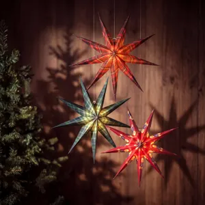 Vintage Christmas Plaid Nine-Pointed Paper Star Hanging Ornaments Three-Dimensional Origami Star Pendant Holiday Party Home Ceiling Window Xmas Tree Decor