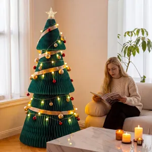 Collapsible accordion honeycomb Christmas tree ornament with lights for festive home decor.