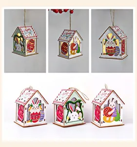 Easter wooden glowing house hanging ornament with cute cartoon bunny and colorful eggs, LED light.