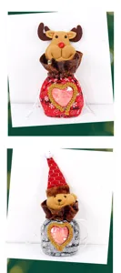 Christmas plush candy gift bag detail, cute reindeer and bear design with transparent heart window.