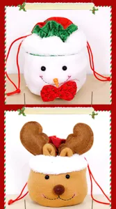 Christmas plush drawstring gift bag with snowman and reindeer for holiday candy.