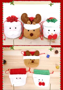 Christmas gift bags set featuring cute Santa, reindeer and snowman designs for holiday candy.