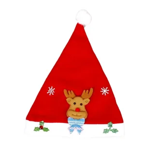 Plush Christmas hat with cute cartoon reindeer applique and snowflake decor for holiday party.