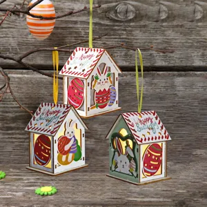 Easter wooden house hanging ornament with cute bunny and egg design, glowing LED holiday decor.