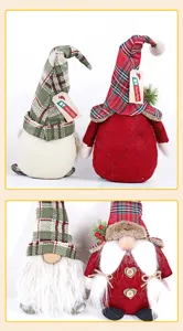 Detail view of Christmas gnome plush toys with knitted plaid hats and white beards, perfect decor.