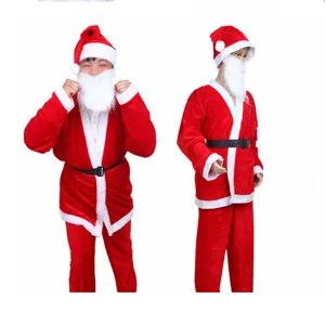 Weihnachtsmann Kostüm 5-teilig Set Herren roter Plüsch Anzug mit Mütze Bart und Gürtel
