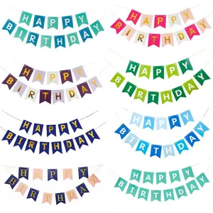 Details of colorful paper birthday banner flags, various color options for party decor.