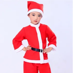 Kinder Weihnachtsmann Kostüm Detailansicht mit roter Jacke, Hose, Mütze und Gürtel für Partys.