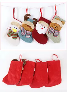Cute Christmas plush stockings gift bags with snowman and bear pendants for tree decor.
