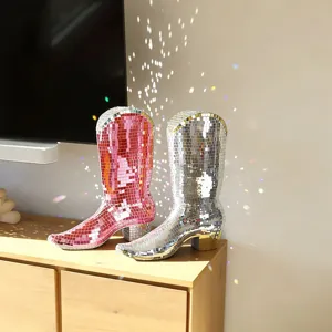 Disco Cowboy Boot Ornament Glass Mirror Mosaic Reflective Retro Trendy Western Boot Tabletop Decor For Festive Party Window Home Office