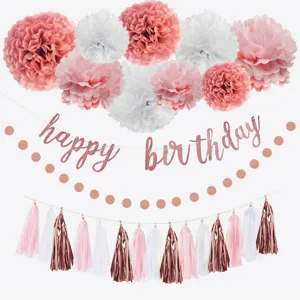 Happy Birthday Banner Party Decorations Set Paper Flower Pom Poms Polka Dot Garland Tassel Garland Celebration Backdrop Hanging Decor