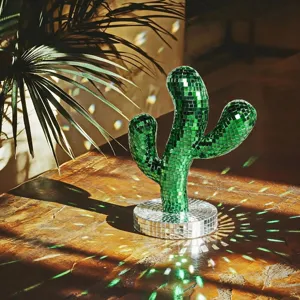 Green Mirror Reflective Disco Cactus Ornament Sculpture Glass Mosaic Disco Ball Cactus For Retro Party Christmas Home Decor