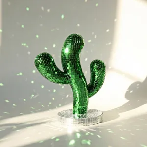 Green disco cactus mirror ball figurine for party decoration and home aesthetic room decor.
