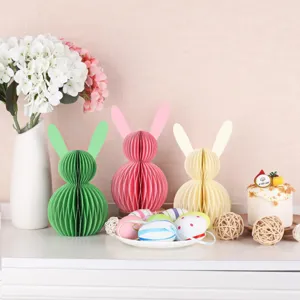 Easter honeycomb paper rabbit decorations, folding bunny table centerpieces for spring party.
