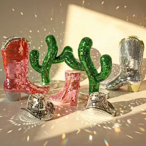 Disco mirror cowboy boots and cactus decor set, shiny reflective party ornaments for home.