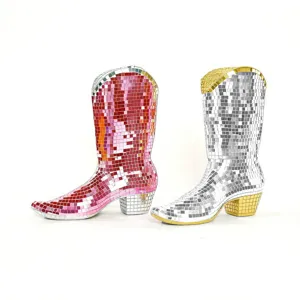 Disco cowboy boot decor, mirror mosaic cowgirl boots ornament for home party desktop decor.