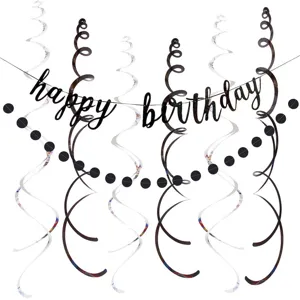 Black happy birthday banner and hanging swirls party decoration set for celebration events.